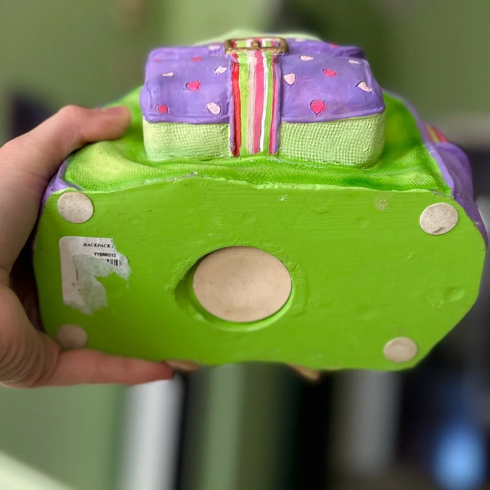 VTG Vibrant Green & Purple Rustic 3D Textured Backpack Bag Piggy Bank Accent